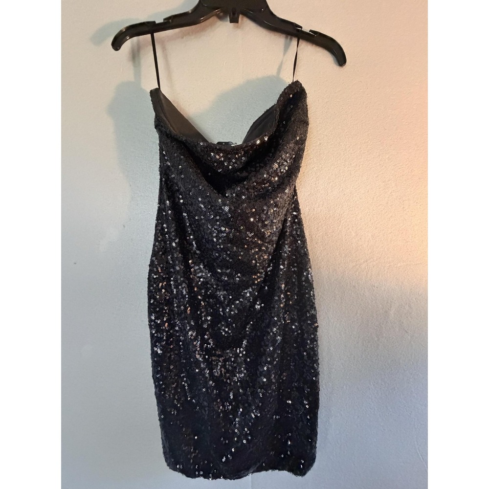 Fashion Nova Sequin Dress Womens M Black Cowl Neck Strappy Mini Party Cocktail